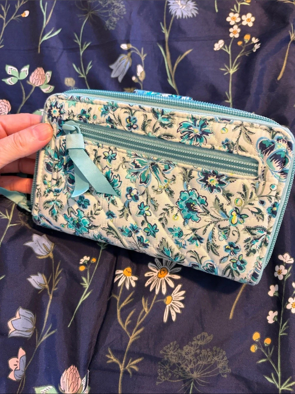 Vera Bradley Teal and Light Blue Floral Quilted Zip Wallet